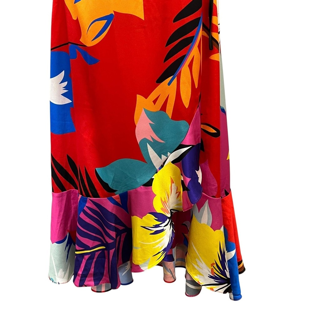 Liquorish Dress Womens‎ US 6 Red Multicolor Wrap Midi Ruffle Sleeves Tropical - Picture 9 of 13